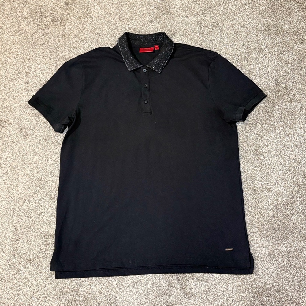 HUGO Hugo Boss Mens XXL Black Polo Shirt Slim Fit Metallic Shimmer Collar